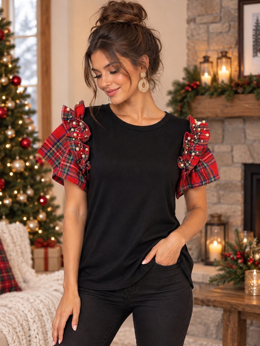 Unbranded Black Tartan Plaid Pearl Ruffle Sleeve Top Size L Holiday Statement